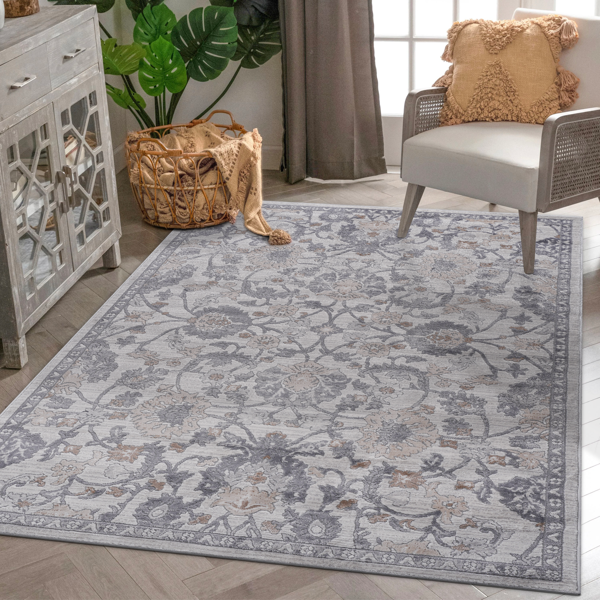 MARFI Collection 5x7 Sand Oriental Area Rug - Stain-Resistant Polyester, Medium Pile, Latex-Free Cotton Backing, Durable for Living Room, Bedroom, Entryway