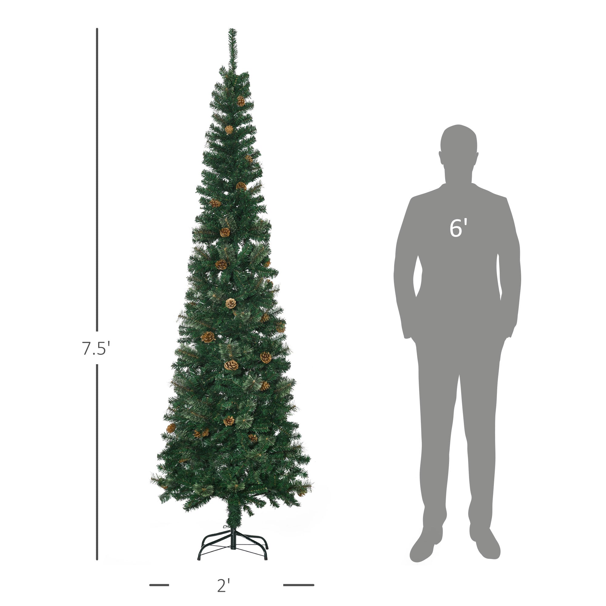 HOMCOM 7.5ft Slim Pencil Artificial Christmas Tree, Realistic Pine Needles & Cones, Flame Retardant Green Xmas Tree with Sturdy Metal Base for Home & Fireplace Decor