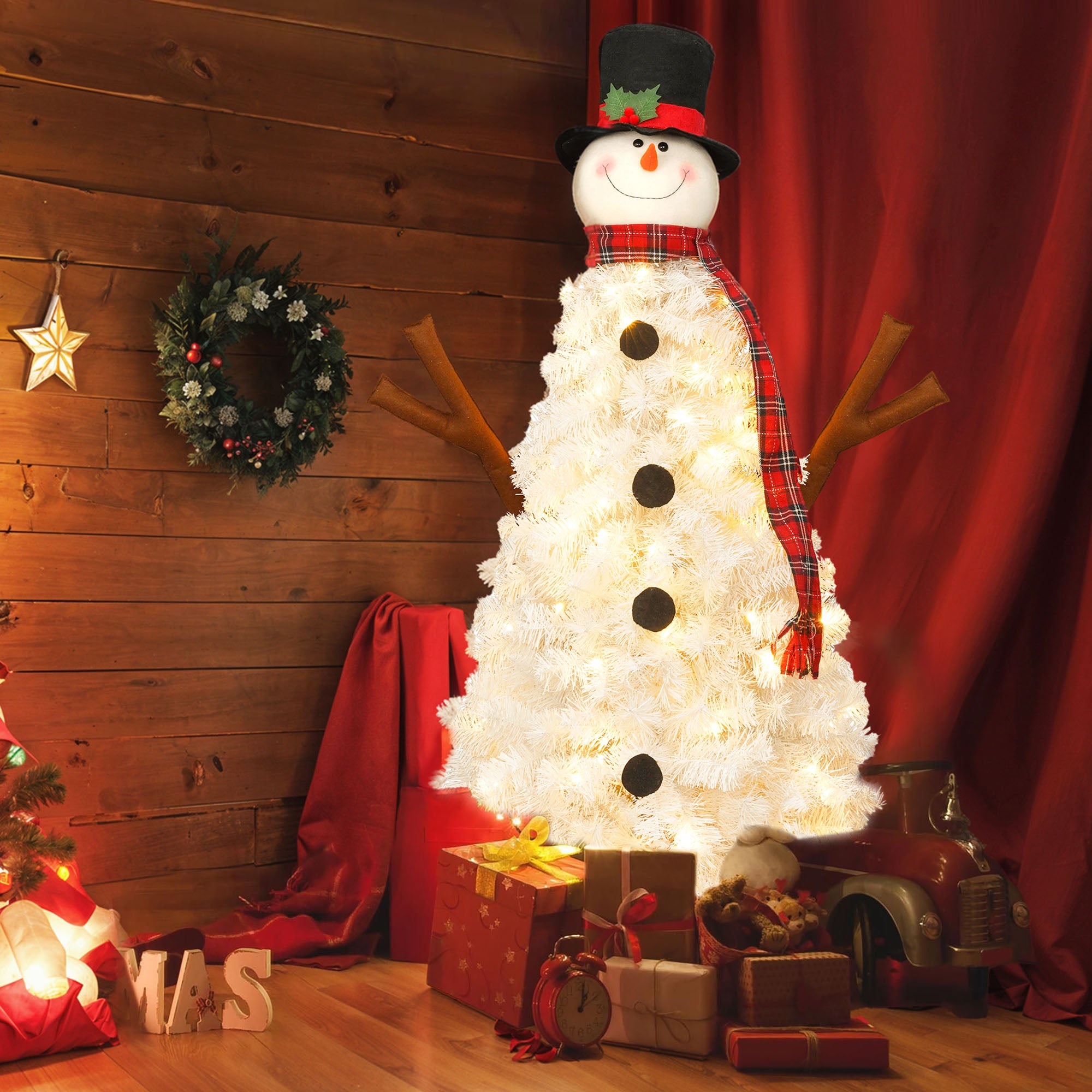 4ft Snowman Christmas Tree - Pre-lit Artificial Xmas Tree with 100 Warm White LED Lights, 380 PVC Branch Tips - Perfect for Indoor/Outdoor Holiday Decor