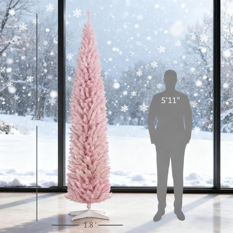 8ft Pink Pencil Christmas Tree with Warm White LED Lights | Slim, Flame-Retardant Artificial Tree for Indoor Home Decor & Small Spaces