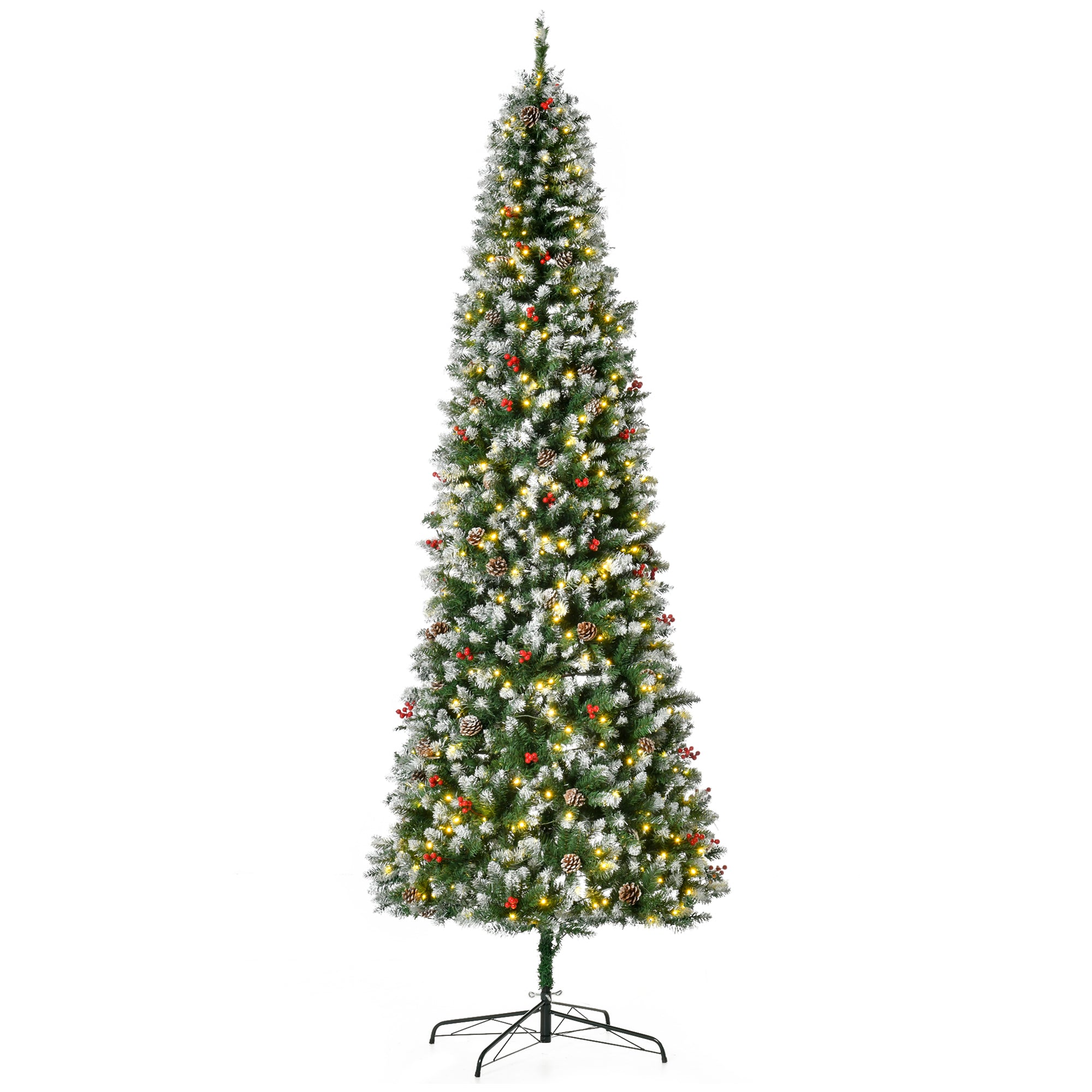 HOMCOM 9ft Snow-Dipped Artificial Christmas Tree | 460 LED Lights, 1298 Tips, Pine Cones &amp; Red Berries | Realistic PVC Branches for Festive Indoor Decor | Easy Assembly &amp; Storage