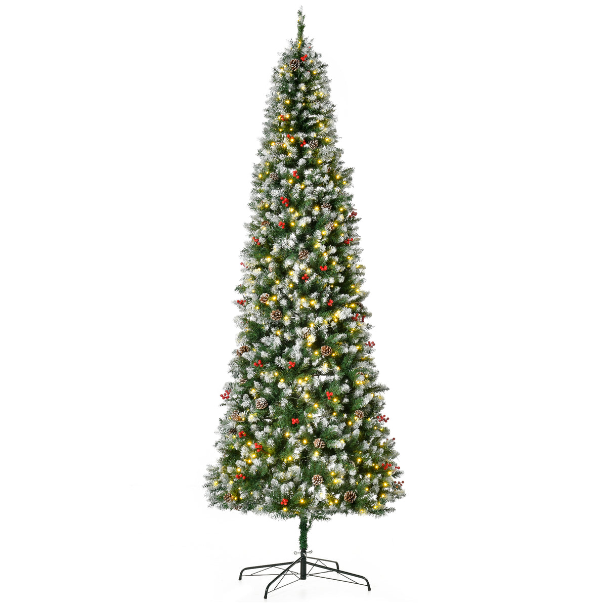 HOMCOM 9ft Snow-Dipped Artificial Christmas Tree | 460 LED Lights, 1298 Tips, Pine Cones &amp; Red Berries | Realistic PVC Branches for Festive Indoor Decor | Easy Assembly &amp; Storage