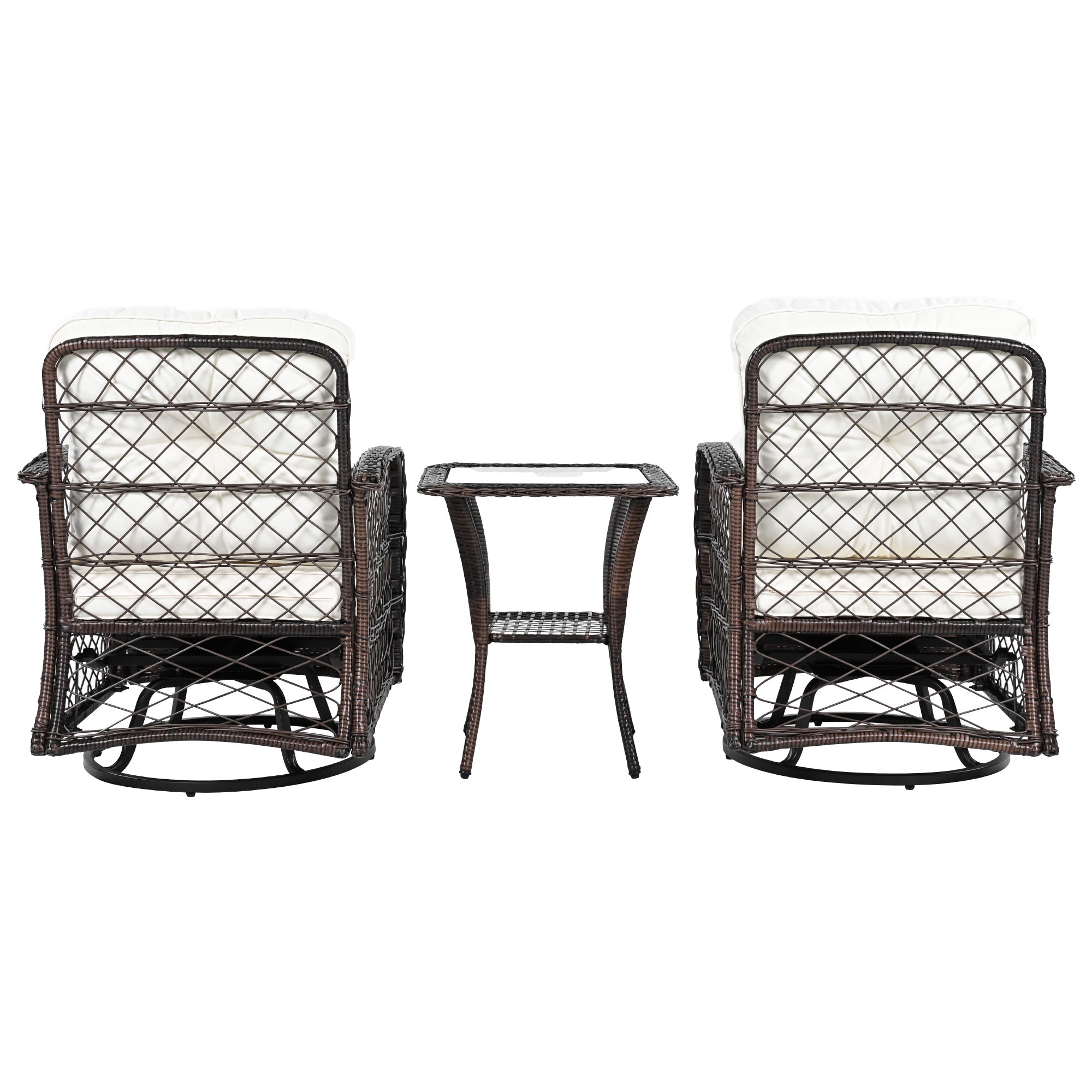 3-Piece Brown Rattan Outdoor Chat Set: 2 Swivel Rocker Chairs &amp; Glass Top Table for Garden Patio Balcony, Weather-Resistant Wicker Seating Group with Cushions