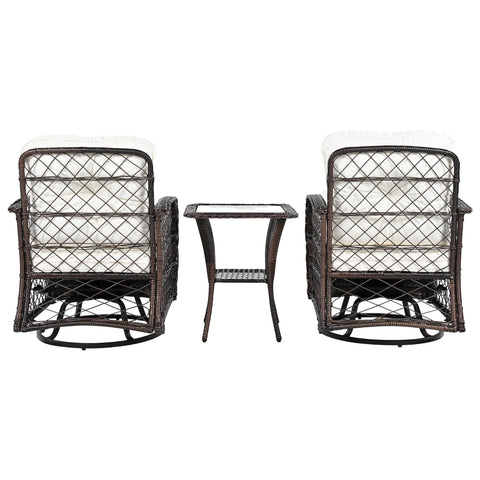 3-Piece Brown Rattan Outdoor Chat Set: 2 Swivel Rocker Chairs &amp; Glass Top Table for Garden Patio Balcony, Weather-Resistant Wicker Seating Group with Cushions