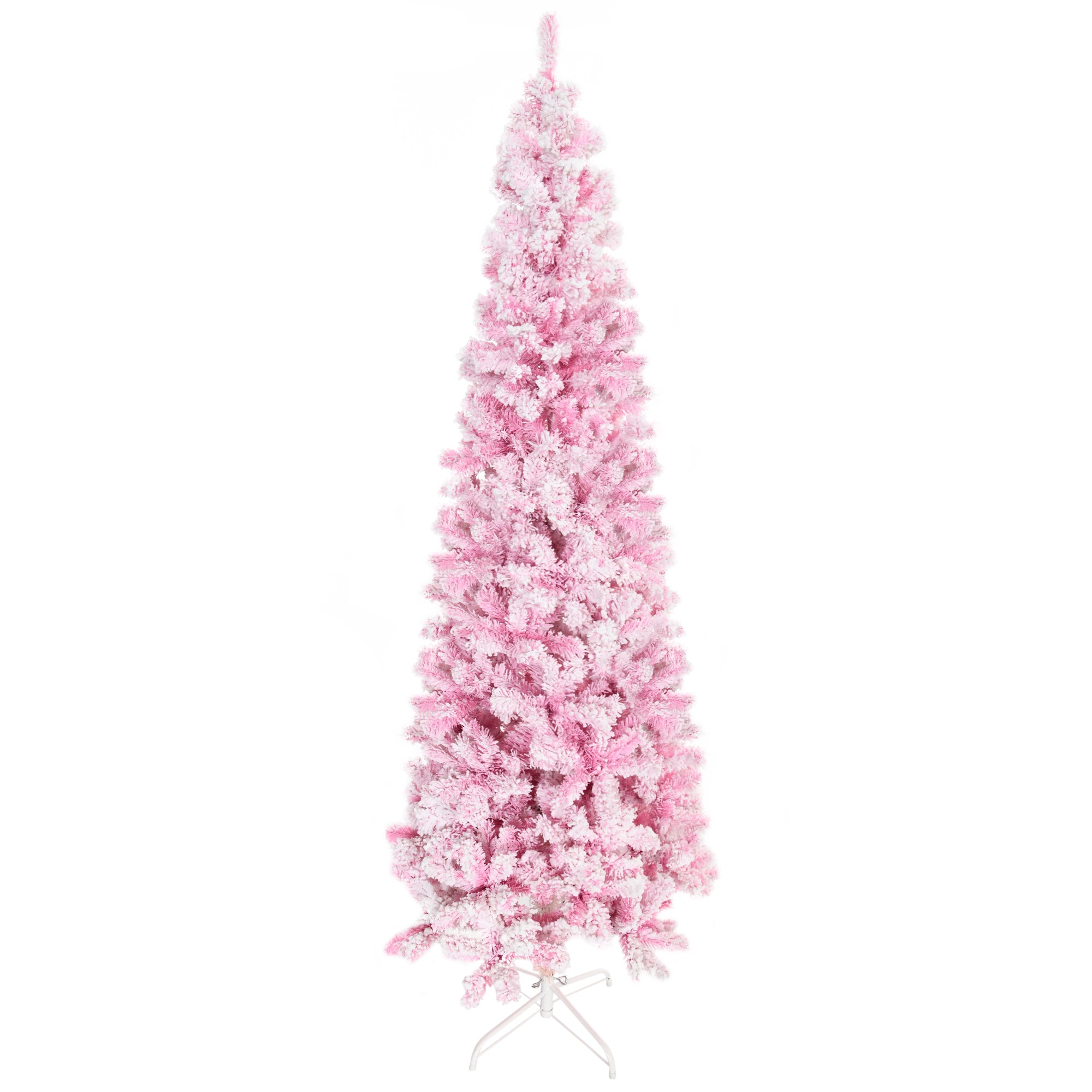 HOMCOM 7.5ft Pink Snow Flocked Pencil Christmas Tree: Realistic Slim Artificial Pine with Auto-Open, Flame-Retardant Plastic for Festive Home Decor & Holiday Ambiance
