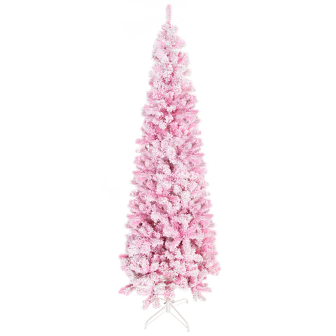 HOMCOM 7.5ft Pink Snow Flocked Pencil Christmas Tree: Realistic Slim Artificial Pine with Auto-Open, Flame-Retardant Plastic for Festive Home Decor & Holiday Ambiance