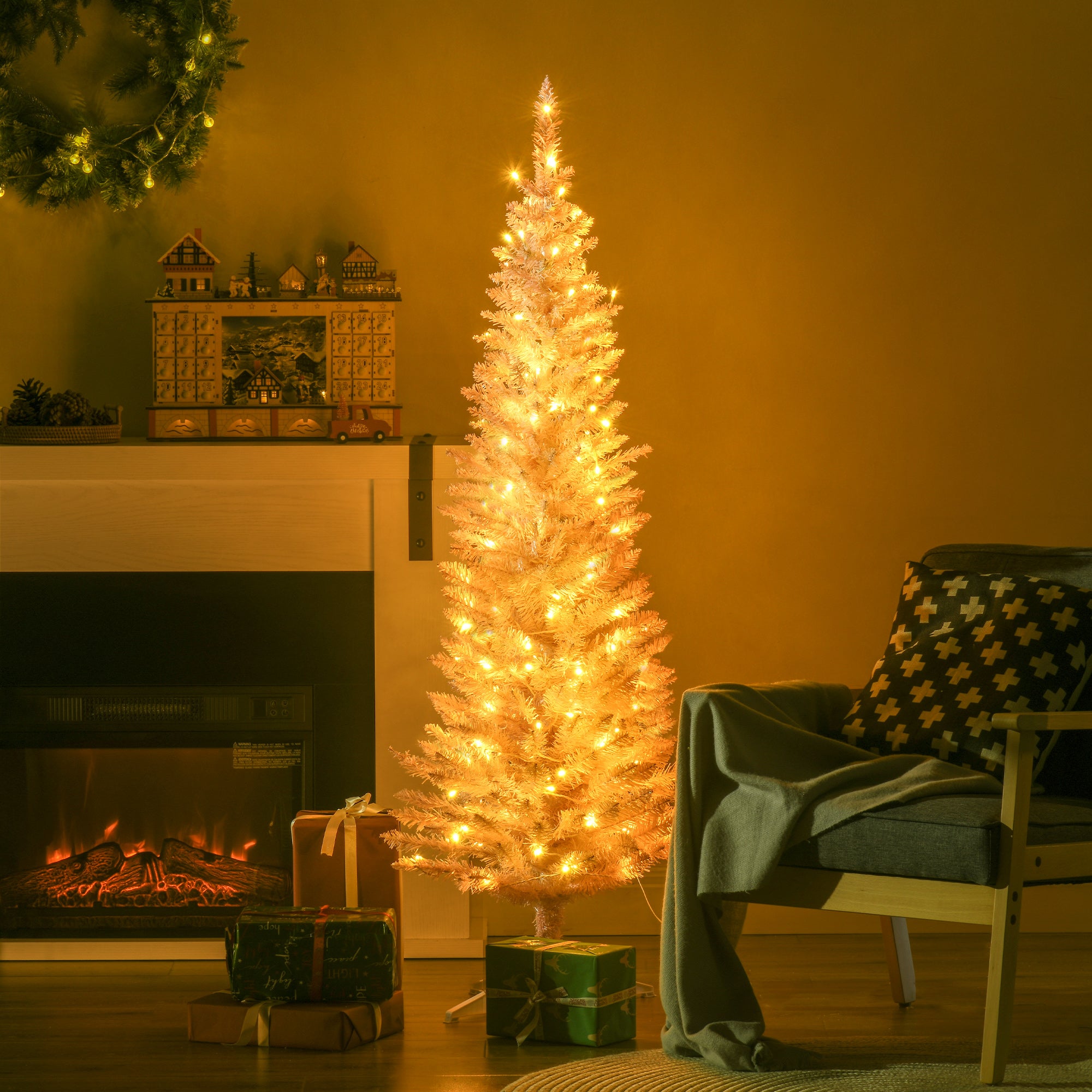 HOMCOM 5' Pink Slim Noble Fir Artificial Christmas Tree | 110 Warm White LEDs, 294 Tips | Realistic, Flame-Retardant Plastic | Easy Setup & Storage for Festive Home Decor