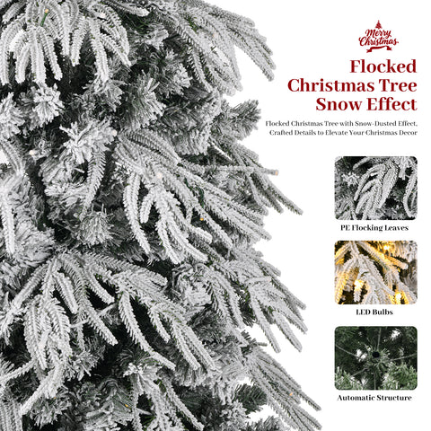 8ft Slim Flocked Noble Christmas Tree - Pre-lit Warm White LED, 950 PE/PVC Tips, Realistic Snow Design, Easy Assembly for Home Corners & Narrow Spaces