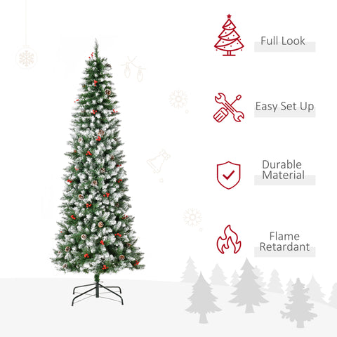 HOMCOM 9ft Snow-Dipped Artificial Christmas Tree | 460 LED Lights, 1298 Tips, Pine Cones &amp; Red Berries | Realistic PVC Branches for Festive Indoor Decor | Easy Assembly &amp; Storage