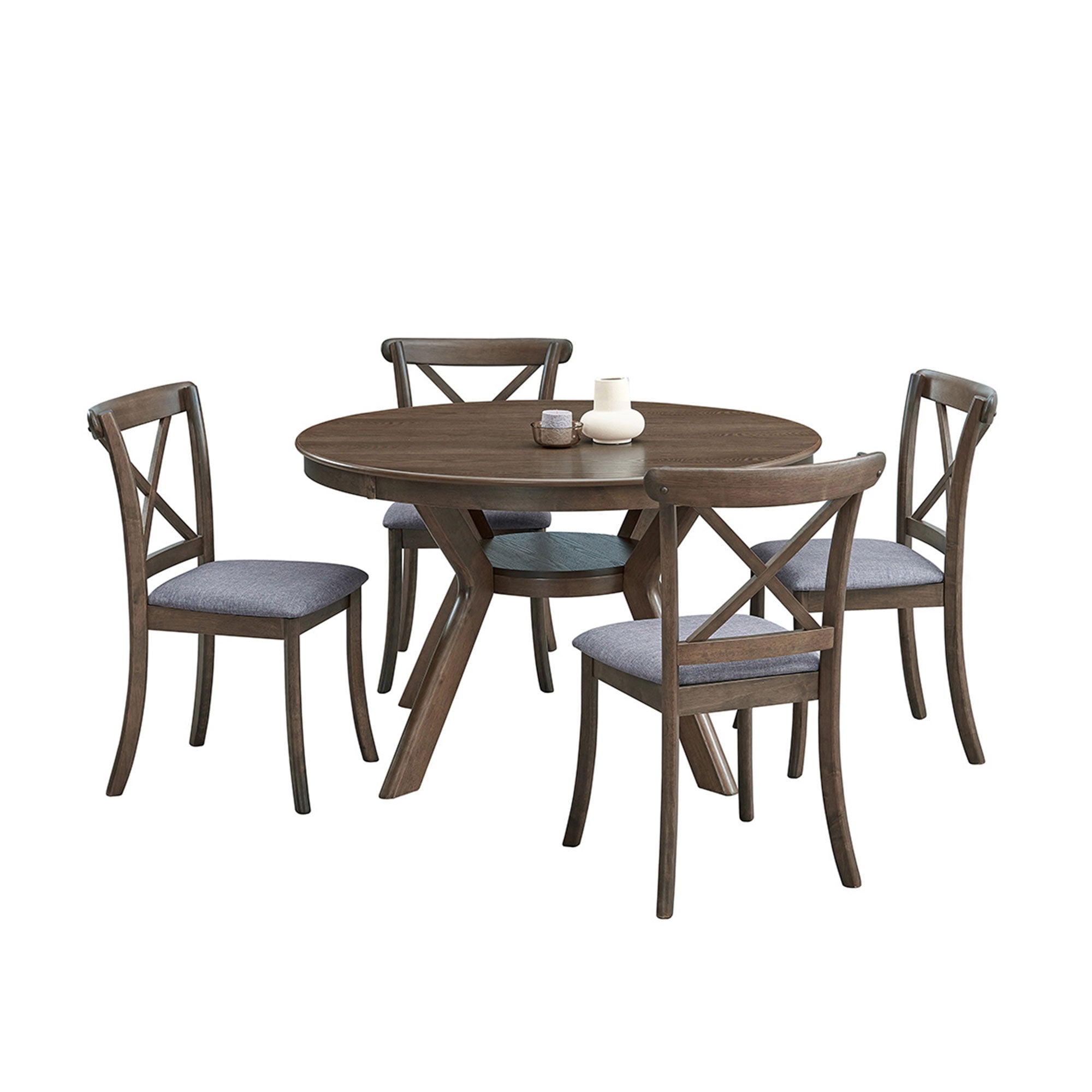 Mid-Century Modern Oak 5-Piece Dining Set: Round Rubberwood Table (47.24") & Upholstered Cross Back Chairs for Kitchen/Dining Room, Space-Saving Design, Durable Solid Wood Construction