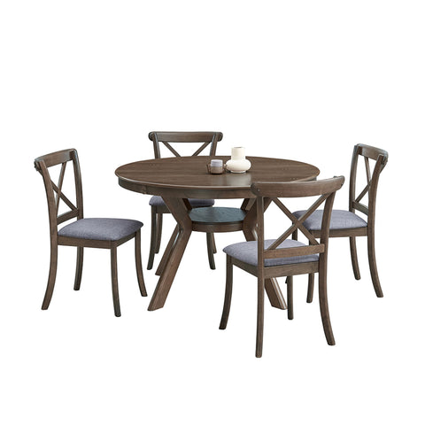 Mid-Century Modern Oak 5-Piece Dining Set: Round Rubberwood Table (47.24") & Upholstered Cross Back Chairs for Kitchen/Dining Room, Space-Saving Design, Durable Solid Wood Construction