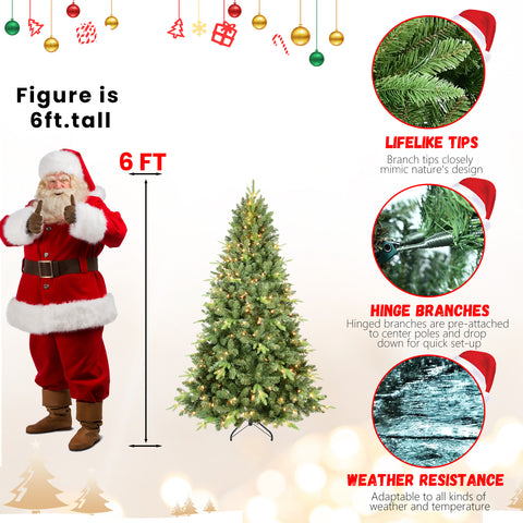 6FT Pre-Lit Artificial Christmas Tree: 1339 PE+PVC Tips, 350 UL Warm White Lights, Hinged Branches, Sturdy Metal Stand. Realistic Full Green Tree for Cozy Home Holiday Decor.
