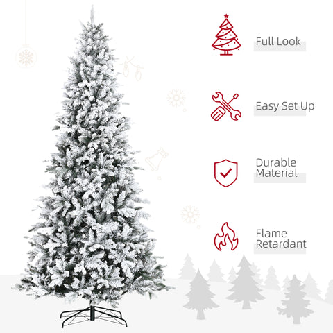 HOMCOM 9ft Snow Flocked Pine Artificial Christmas Tree | 616 Realistic Cedar Branches, Auto Open, Flame Retardant | Green | Home Holiday Decor, Living Room, Indoor Use