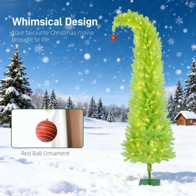 84 Inch Whimsical Pencil Christmas Tree - Slim Green Xmas Tree with Red Ball Top, 250 Warm White LED Lights, Metal Base for Indoor Holiday Decor