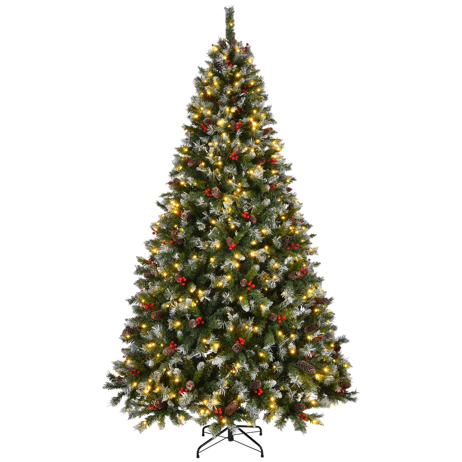 7.5ft Pre-Lit Pre-Decorated Frosted Pine Christmas Tree | 1368 Tips, Pine Cones, Berries | Lush PVC | Easy Setup | Indoor Home Office Holiday Party Decor