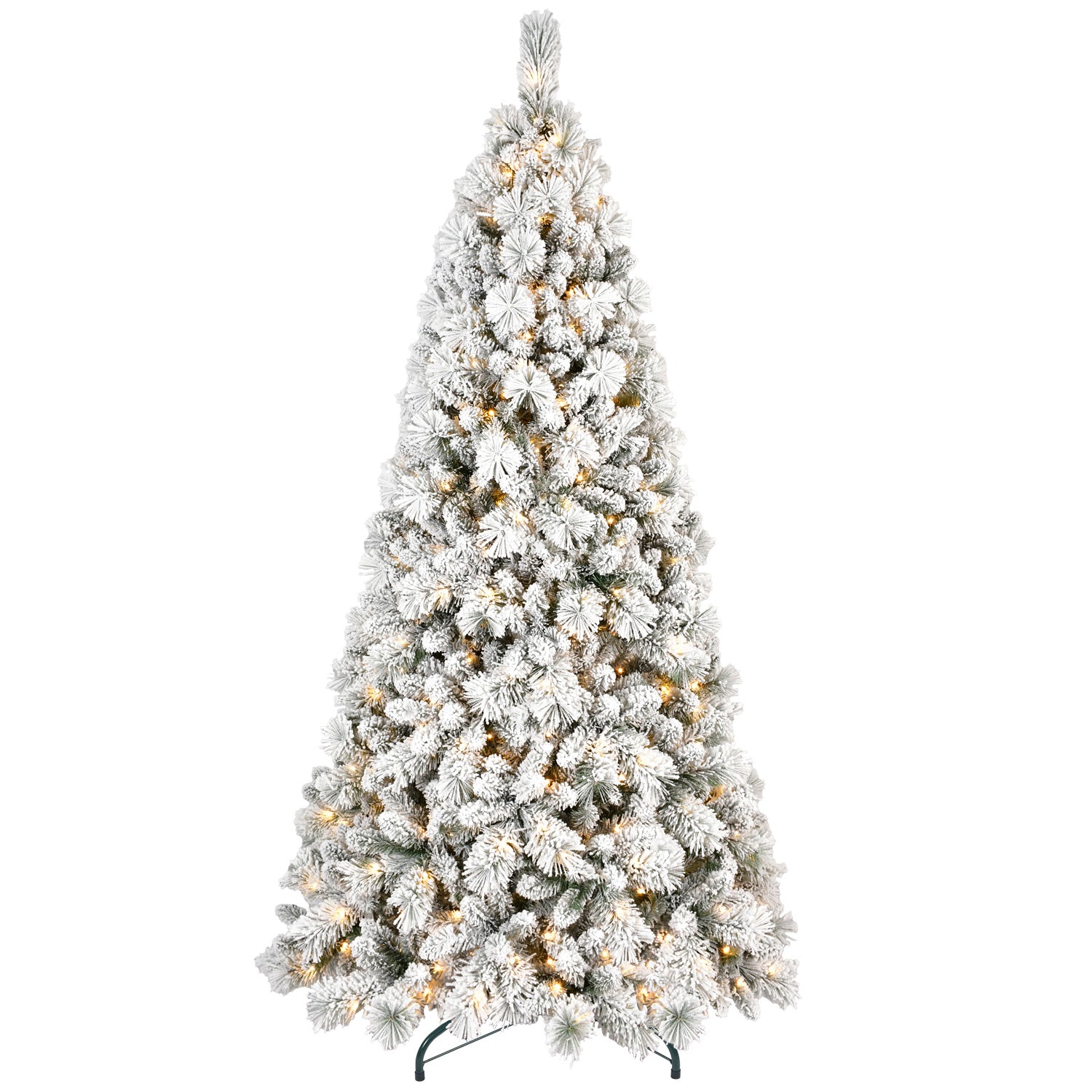 8FT Snowy Flocked Christmas Tree with 600 Warm White LEDs - Realistic Full 1445 Tips, Hinged PVC &amp; Hard Needle Branches, Sturdy Metal Stand for Indoor Holiday Home Decor