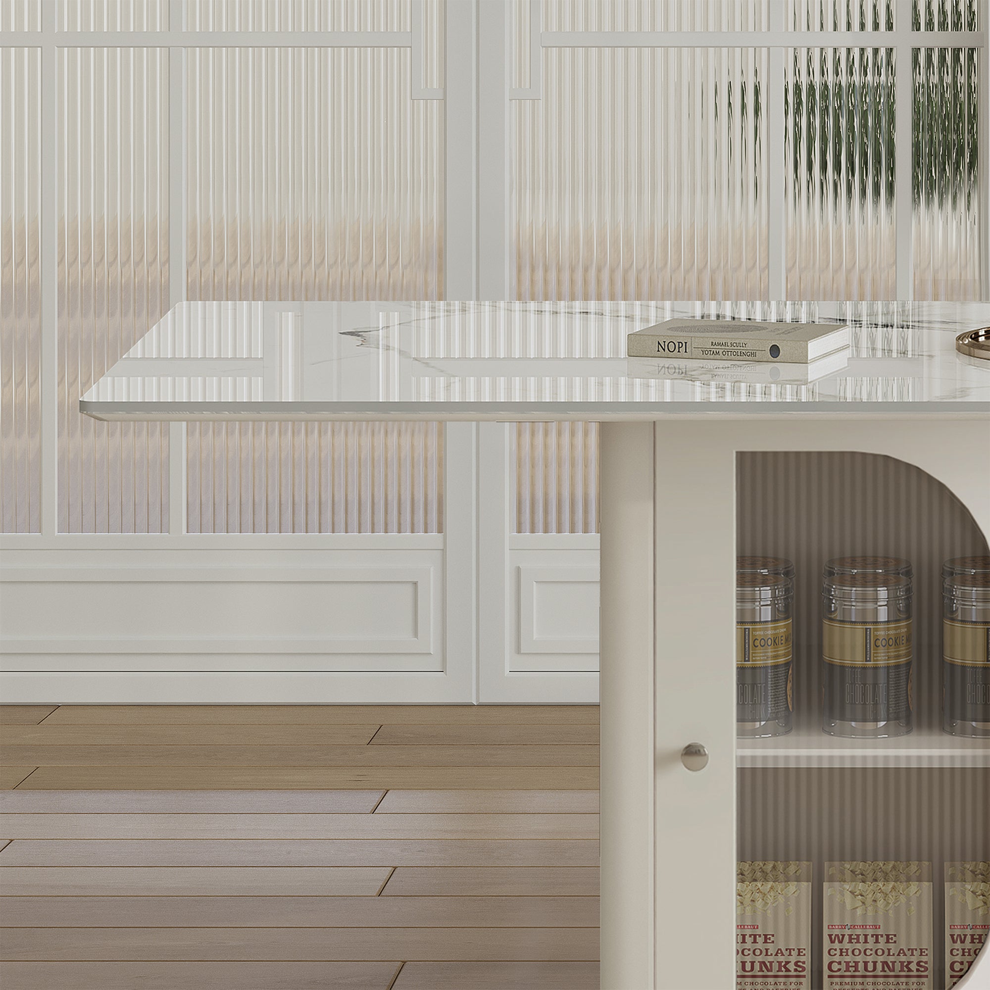 63" Modern Dining Table Set for 4-6, White Velvet Chairs, Burnt Stone Top, Gold Solid Wood Base, Storage Cabinet, Kitchen & Apartment Furniture