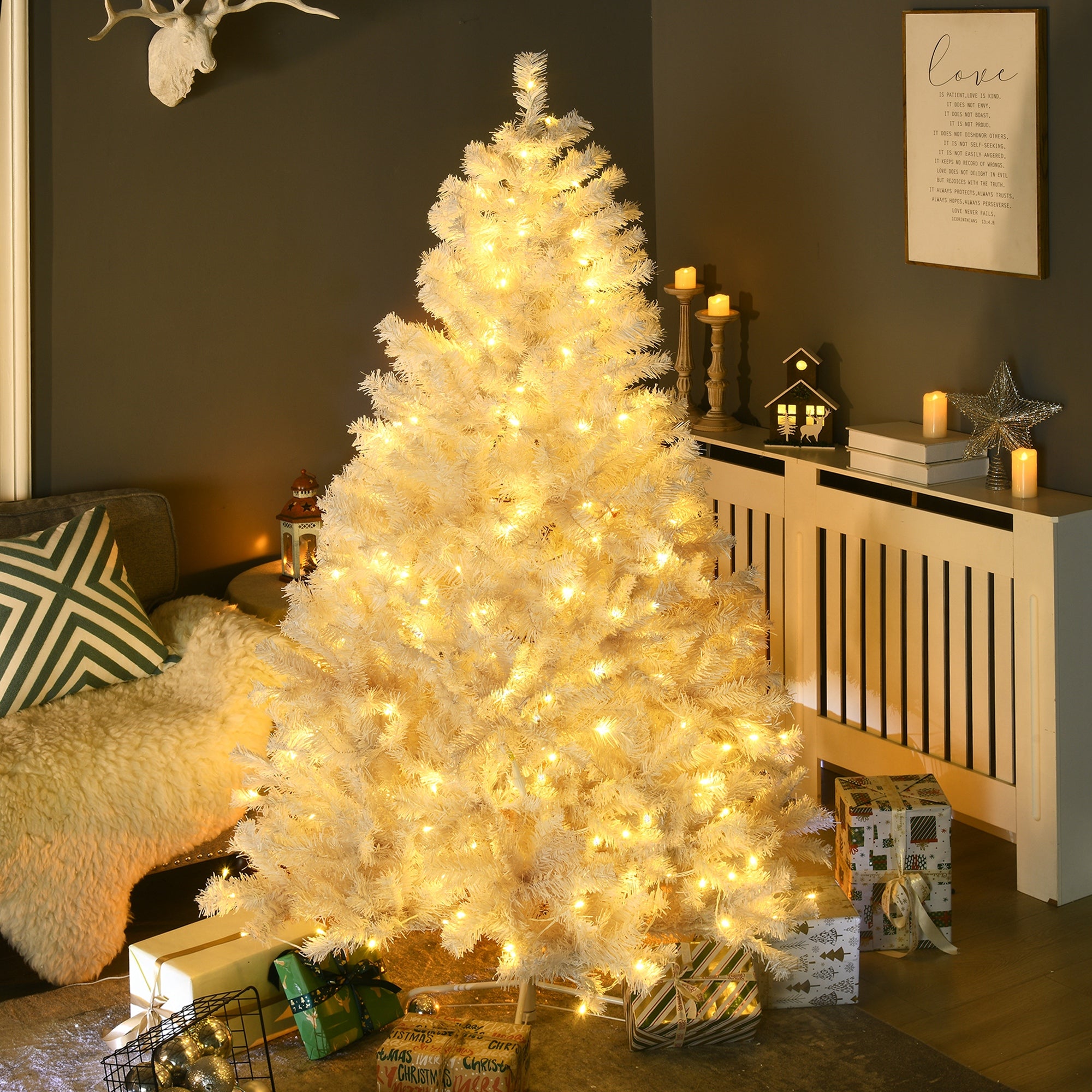 HOMCOM 6ft White Prelit Artificial Christmas Tree: 638 Realistic Branches, 220 Warm White LED Lights, Auto Open for Easy Setup, Flame Retardant Plastic, Perfect for Holiday Home Decor