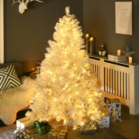 HOMCOM 6ft White Prelit Artificial Christmas Tree: 638 Realistic Branches, 220 Warm White LED Lights, Auto Open for Easy Setup, Flame Retardant Plastic, Perfect for Holiday Home Decor