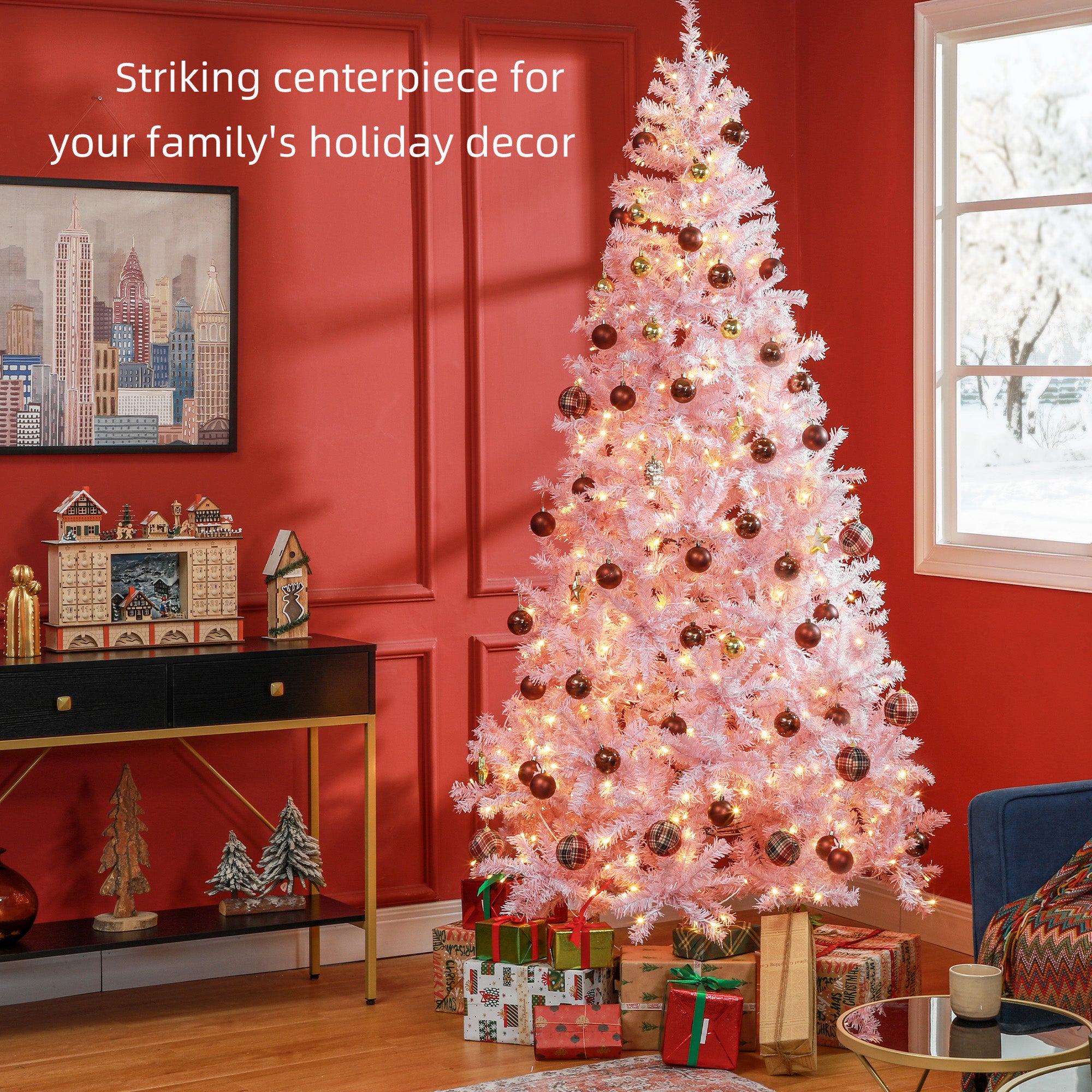 HOMCOM 7.5ft Pink Douglas Fir Prelit Christmas Tree - 500 Warm White LEDs, 1346 Tips, Realistic Branches, Metal Base - Indoor Holiday Decor, Living Room & Party Essential