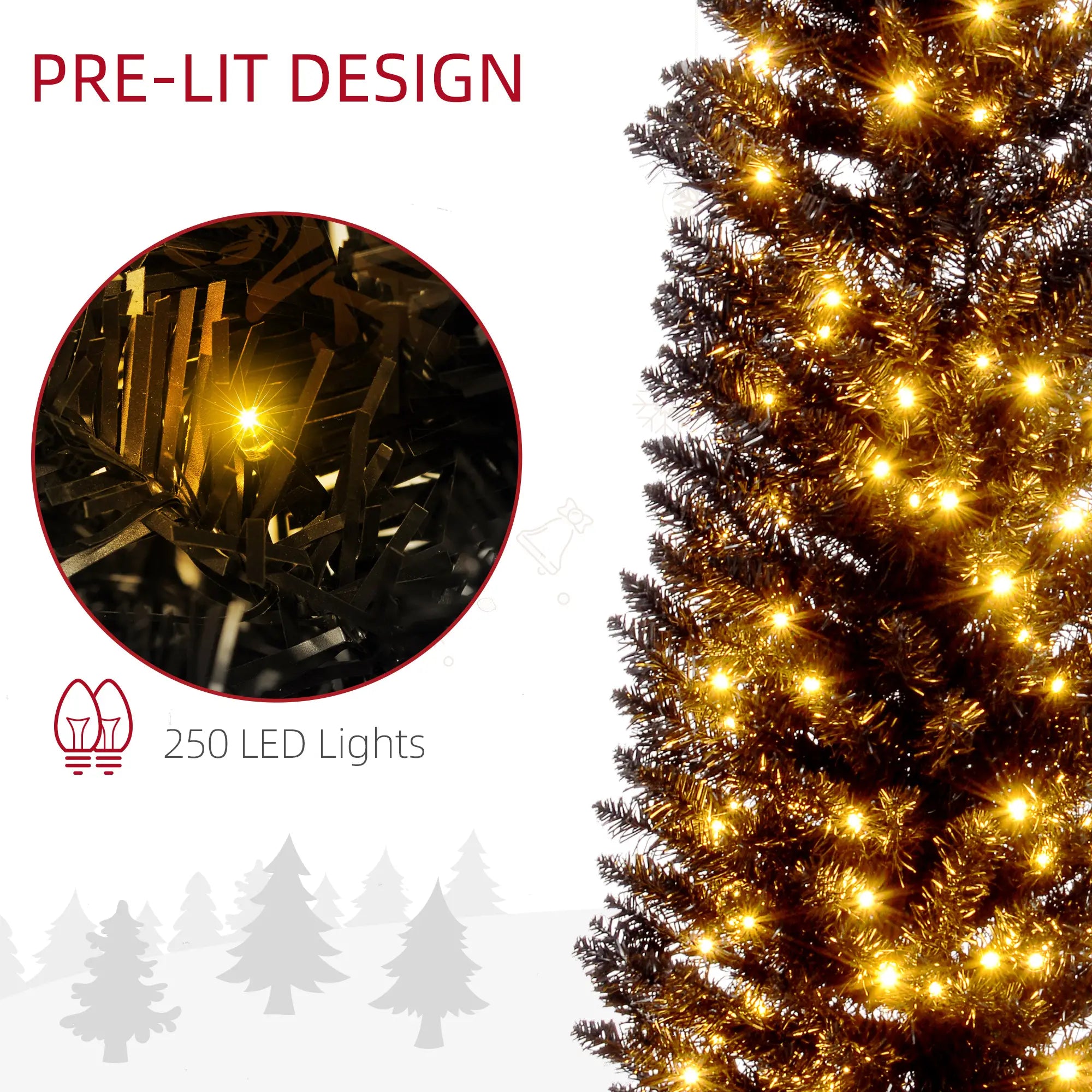 7ft Black Pencil Christmas Tree - Pre-lit Warm White LED, Realistic Flame-Retardant Artificial Xmas Tree for Indoor Decor, Slim Space-Saving Design