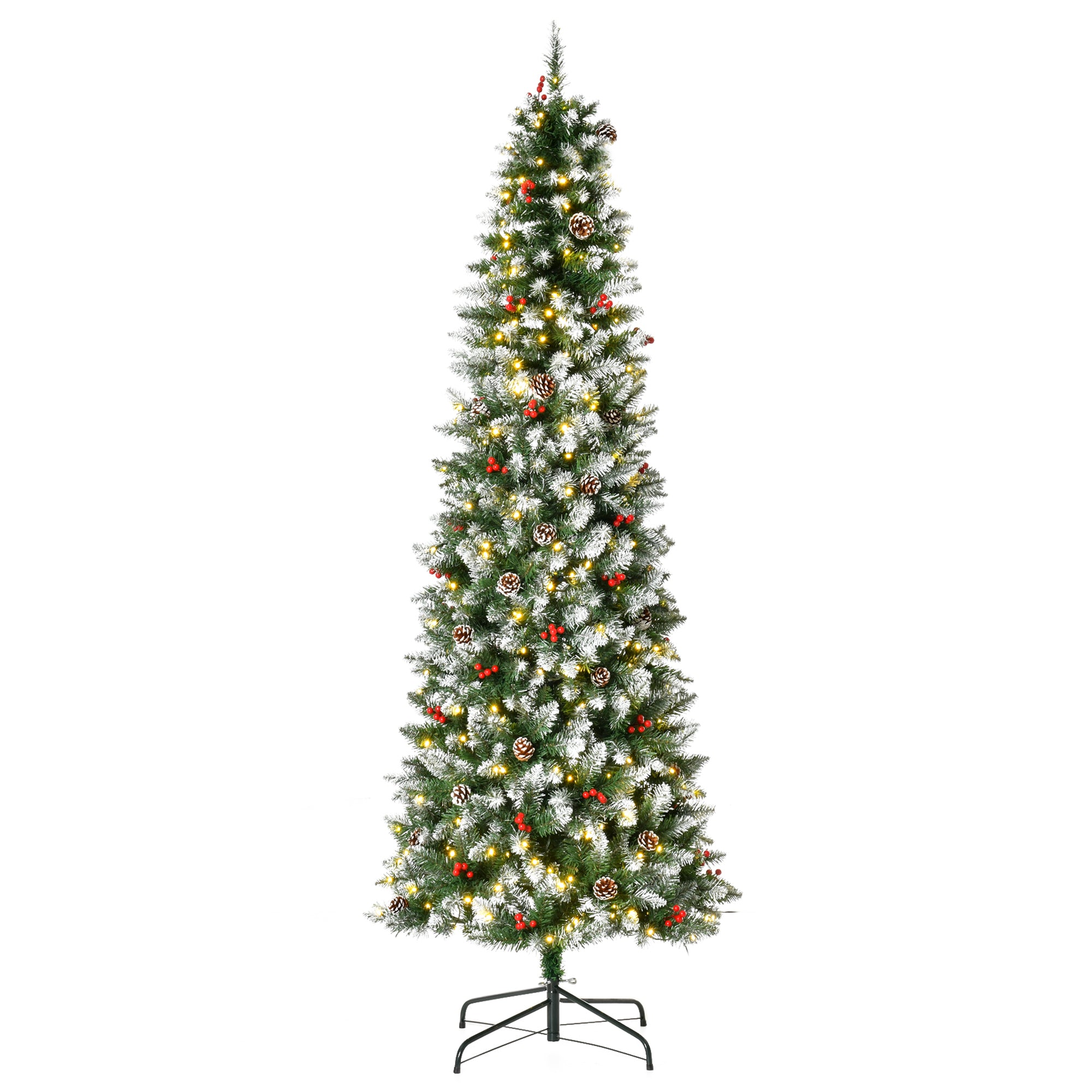 HOMCOM 7.5ft Pre-Lit Snow-Dipped Artificial Christmas Tree | 350 LED Lights, 1075 Tips, Pine Cones &amp; Berries | Realistic PVC Green Tree for Indoor Holiday Decor