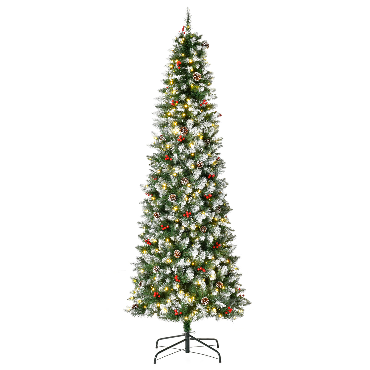 HOMCOM 7.5ft Pre-Lit Snow-Dipped Artificial Christmas Tree | 350 LED Lights, 1075 Tips, Pine Cones &amp; Berries | Realistic PVC Green Tree for Indoor Holiday Decor