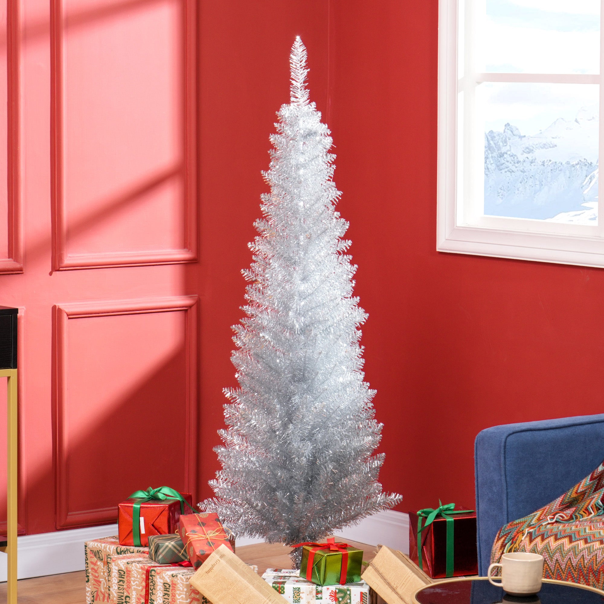 HOMCOM 5' Silver Artificial Pencil Christmas Tree: Slim Xmas Tree with 294 Realistic Branch Tips &amp; Plastic Stand. Perfect for Fireplaces &amp; Small Spaces. Easy Assembly &amp; Storage.