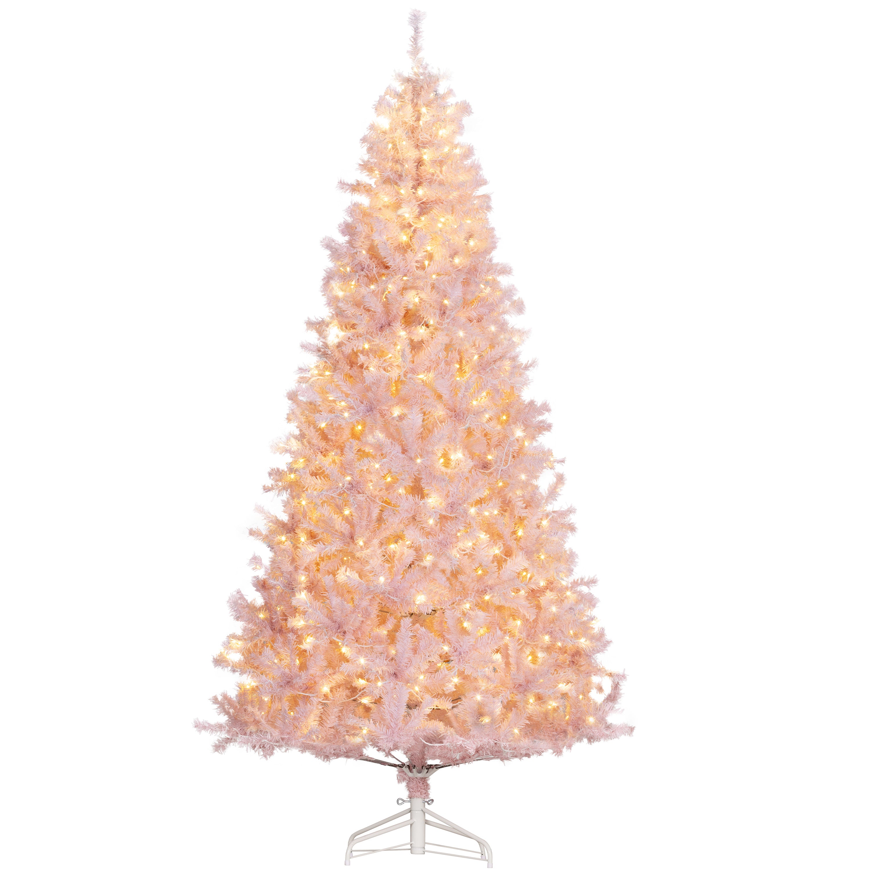 HOMCOM 7.5ft Pink Douglas Fir Prelit Christmas Tree - 500 Warm White LEDs, 1346 Tips, Realistic Branches, Metal Base - Indoor Holiday Decor, Living Room & Party Essential