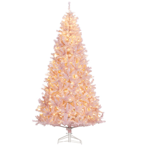 HOMCOM 7.5ft Pink Douglas Fir Prelit Christmas Tree - 500 Warm White LEDs, 1346 Tips, Realistic Branches, Metal Base - Indoor Holiday Decor, Living Room & Party Essential