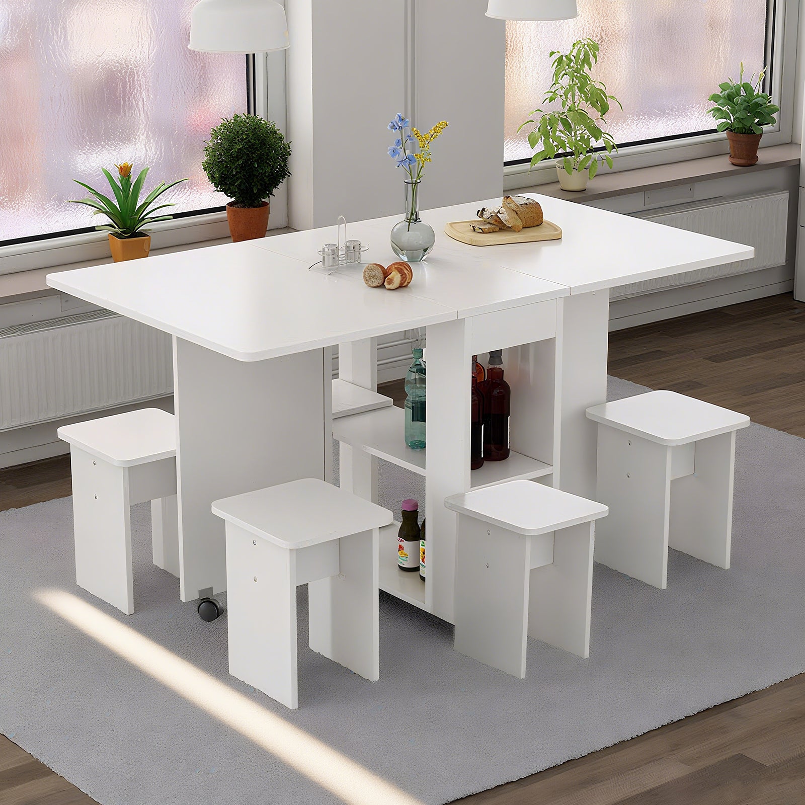 Space-Saving Folding Drop Leaf Dining Table Set for 4 with 4 Chairs, White MDF, 6 Wheels, Versatile for Kitchens & Small Spaces, Easy Clean & Assemble, 47.2"W