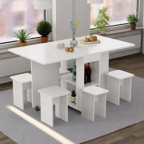 Space-Saving Folding Drop Leaf Dining Table Set for 4 with 4 Chairs, White MDF, 6 Wheels, Versatile for Kitchens & Small Spaces, Easy Clean & Assemble, 47.2"W