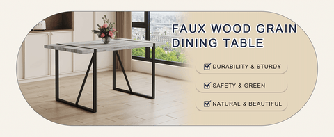 Table and chair set.A minimalist retro rectangular dining table with a specially textured top and black metal legs.Paired With 4 Black Artificial PU Chairs With Curved Widened Cushion Design.