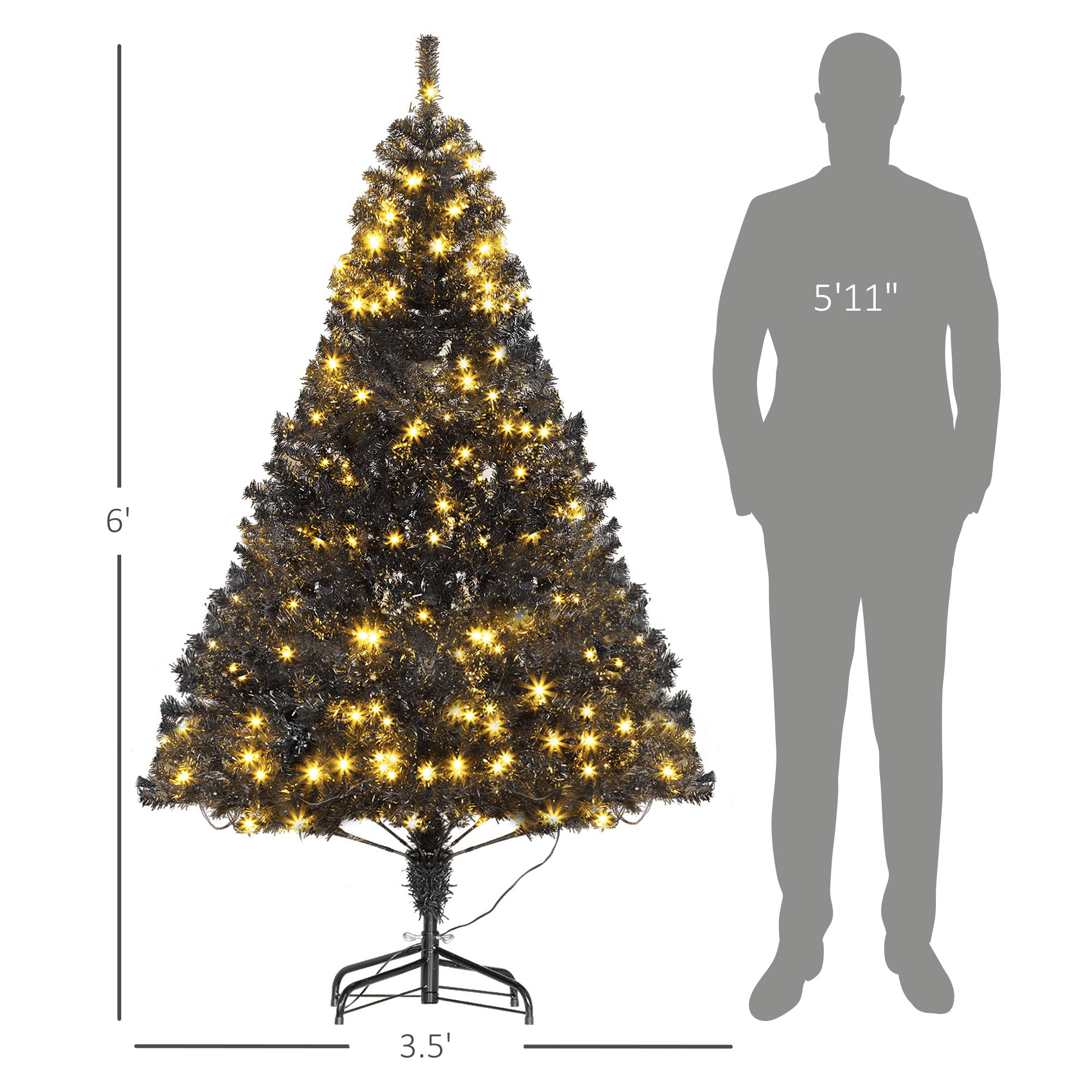 HOMCOM 6ft Black Douglas Fir Artificial Christmas Tree | 1000 Tips, 250 Warm White LED Lights | Realistic Plastic Branches, Sturdy Metal Base | Indoor Holiday Decor