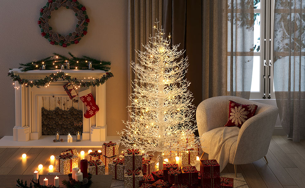 4FT Snow Flocked Aspen Fir Artificial Christmas Tree - Hinged, 280 Tips, 230 Warm White LED Lights, Coral White for Home, Party & Holiday Decor