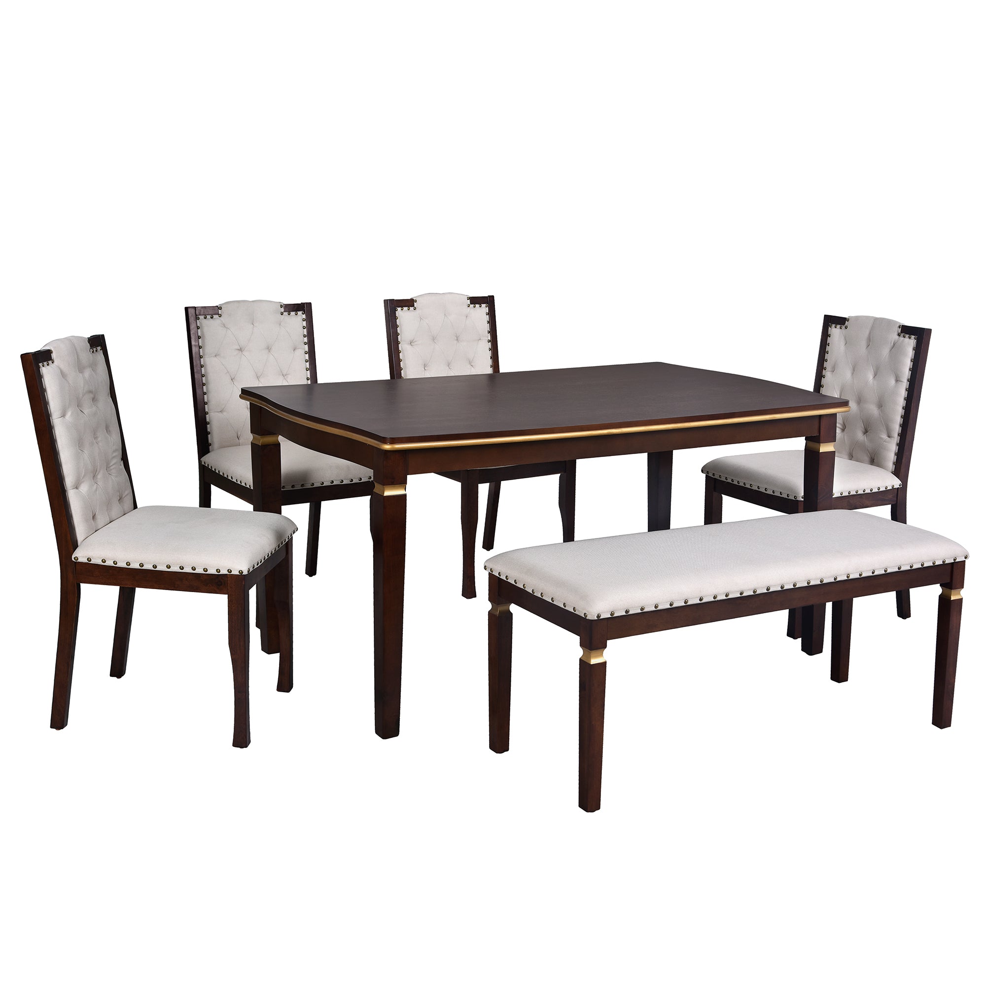 6-Piece Espresso Solid Wood Dining Table Set: 60" Rectangular Table, 4 High-Back Tufted Chairs & Bench, Seats 6 for Kitchen & Dining Room, Elegant Craftsmanship & Comfort
