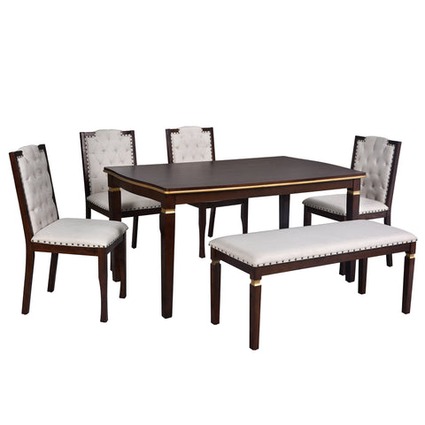 6-Piece Espresso Solid Wood Dining Table Set: 60" Rectangular Table, 4 High-Back Tufted Chairs & Bench, Seats 6 for Kitchen & Dining Room, Elegant Craftsmanship & Comfort