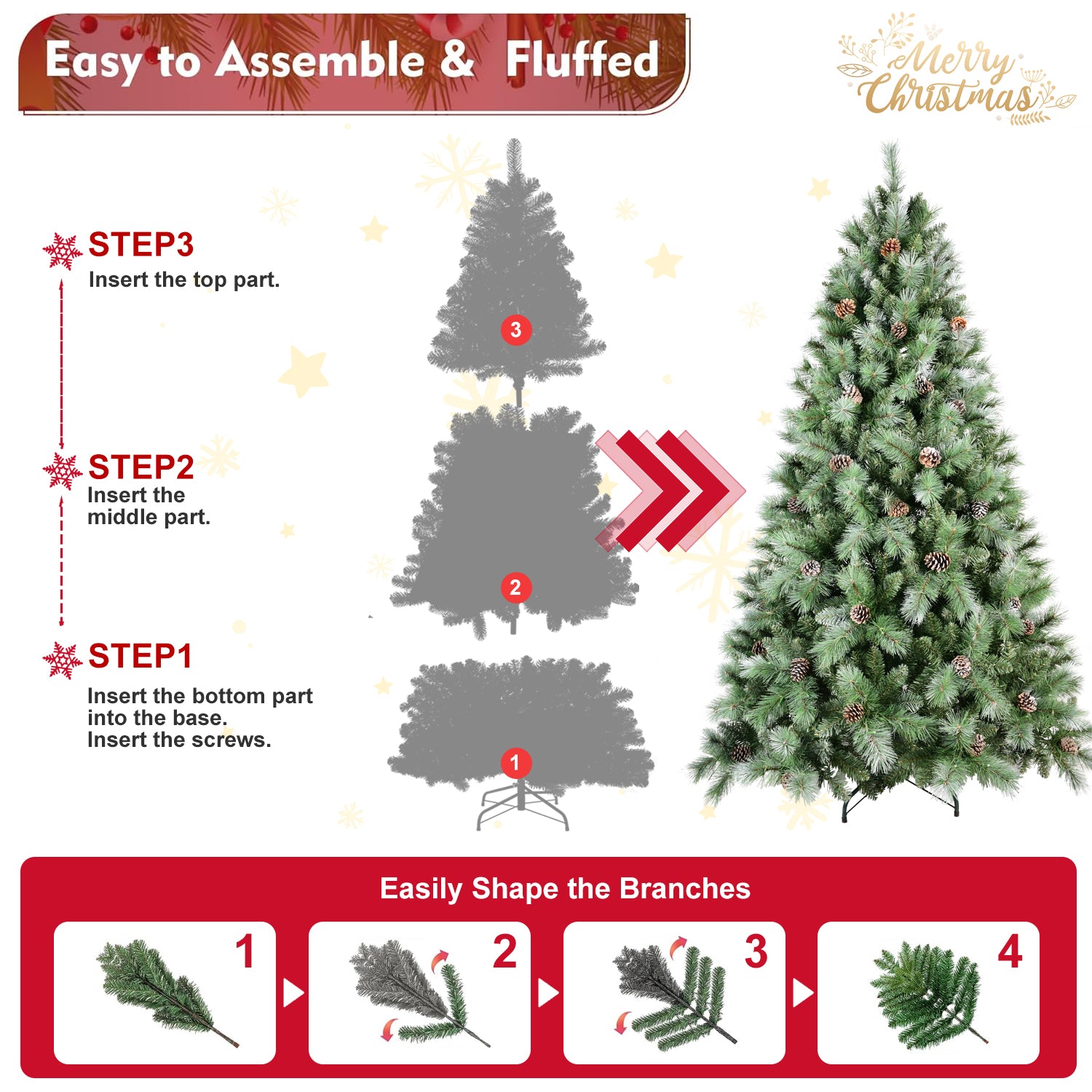 8FT Pre-Decorated Christmas Tree: 1858 Mixed PVC & Hard Needle Tips, 102 Pine Cones, Hinged for Easy Setup, Sturdy Metal Stand - Lush Full Holiday Decor for Home & Office