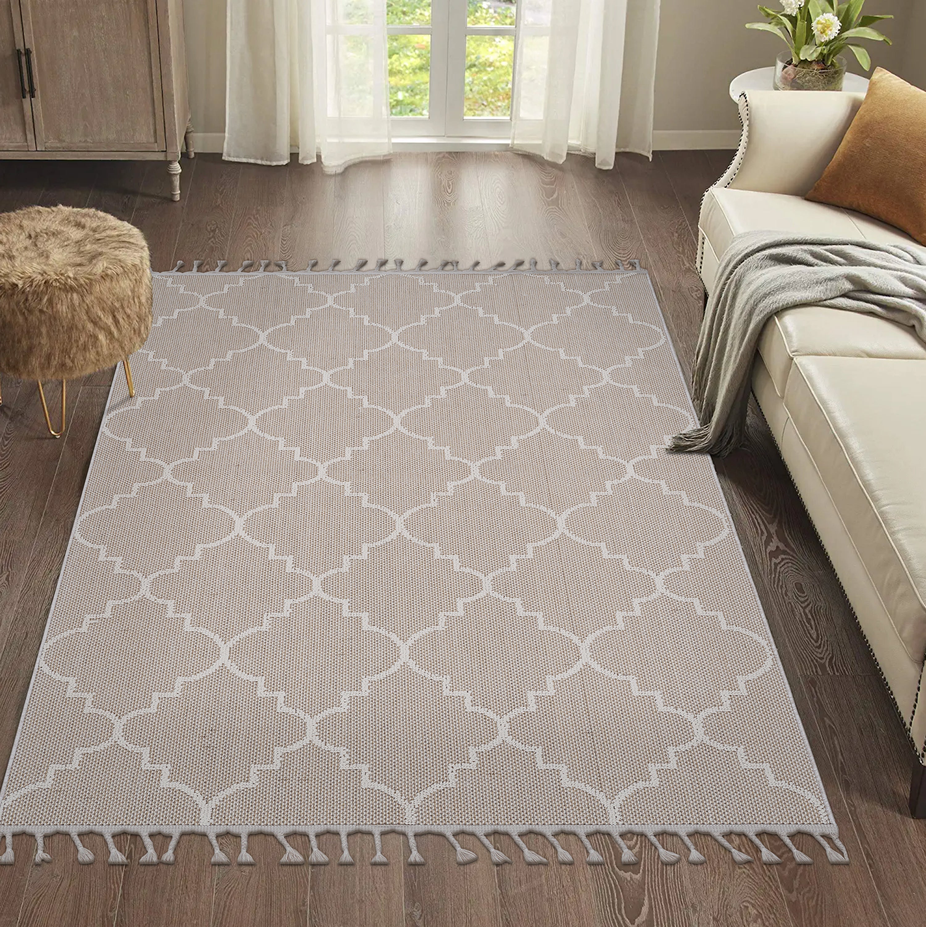 Guros Collection 8x10 Ivory Trellis Indoor/Outdoor Area Rug - Stain Resistant, Non-Shedding Polypropylene with Cotton Backing, Medium Pile for Living Rooms, Entryways, Patios, & High-Traffic Areas