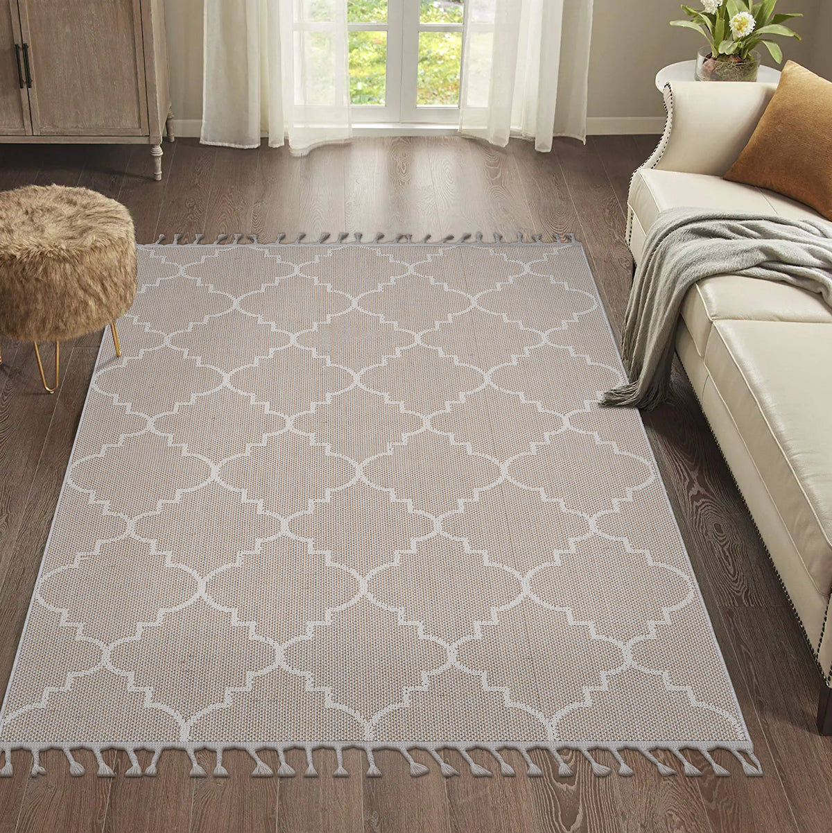 Guros Collection 4x6 Ivory Trellis Area Rug - Stain-Resistant Polypropylene, Low Pile, Durable Indoor/Outdoor Use for Living Room, Bedroom, Patio, Turkey