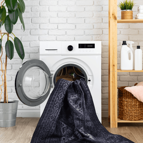 MAVAL 6x9 Washable Area Rug - Soft, Stain-Resistant Chenille Polyester, Black+Gray - Non-Slip, Low Pile for Living Room, Bedroom, Dining, Kitchen, Hallway, Playroom