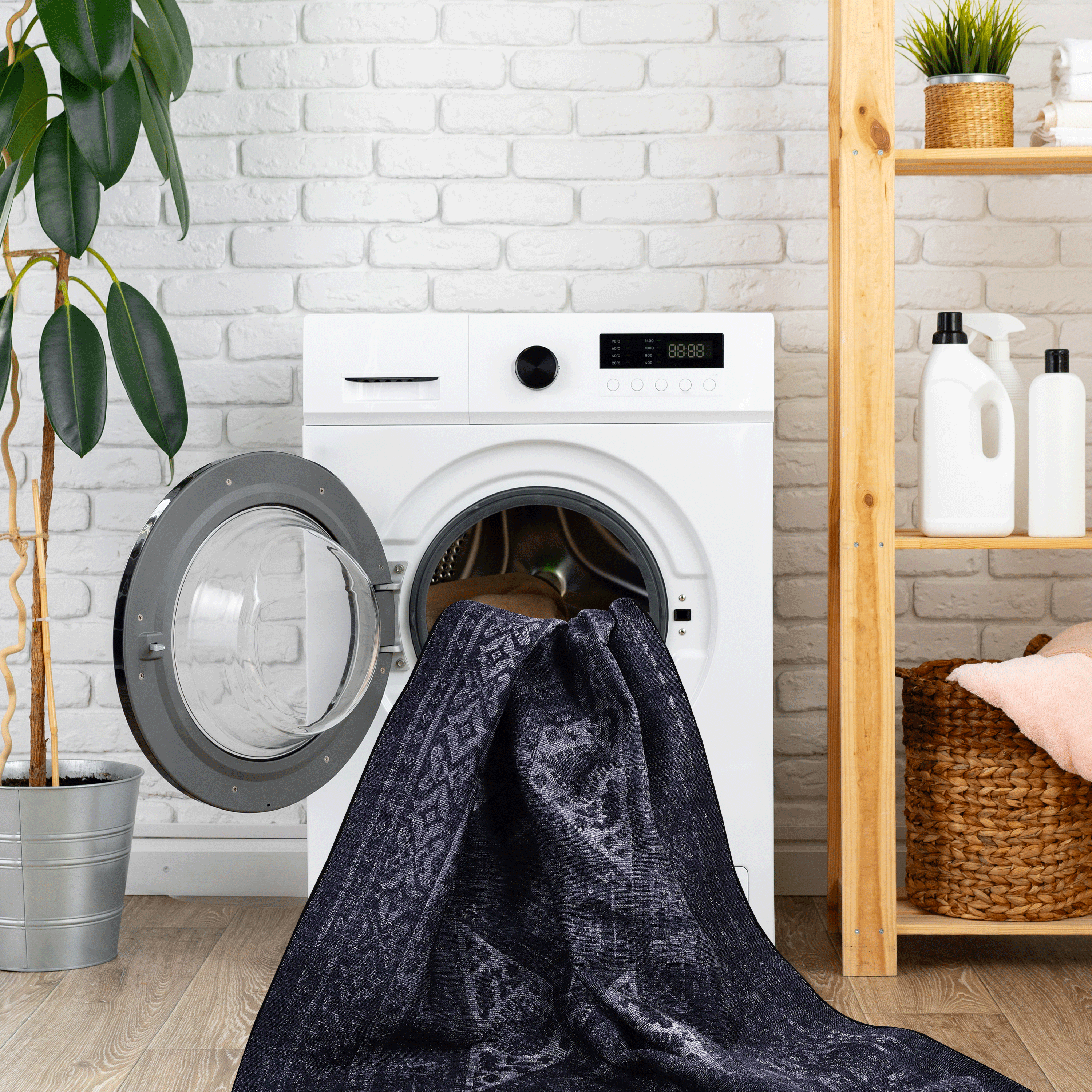 MAVAL 5x8 Washable Area Rug - Soft Chenille Polyester Black+Gray Boho Style, Low Pile, Non-Slip, Stain-Resistant for Living Room, Bedroom, Hallway, Kitchen