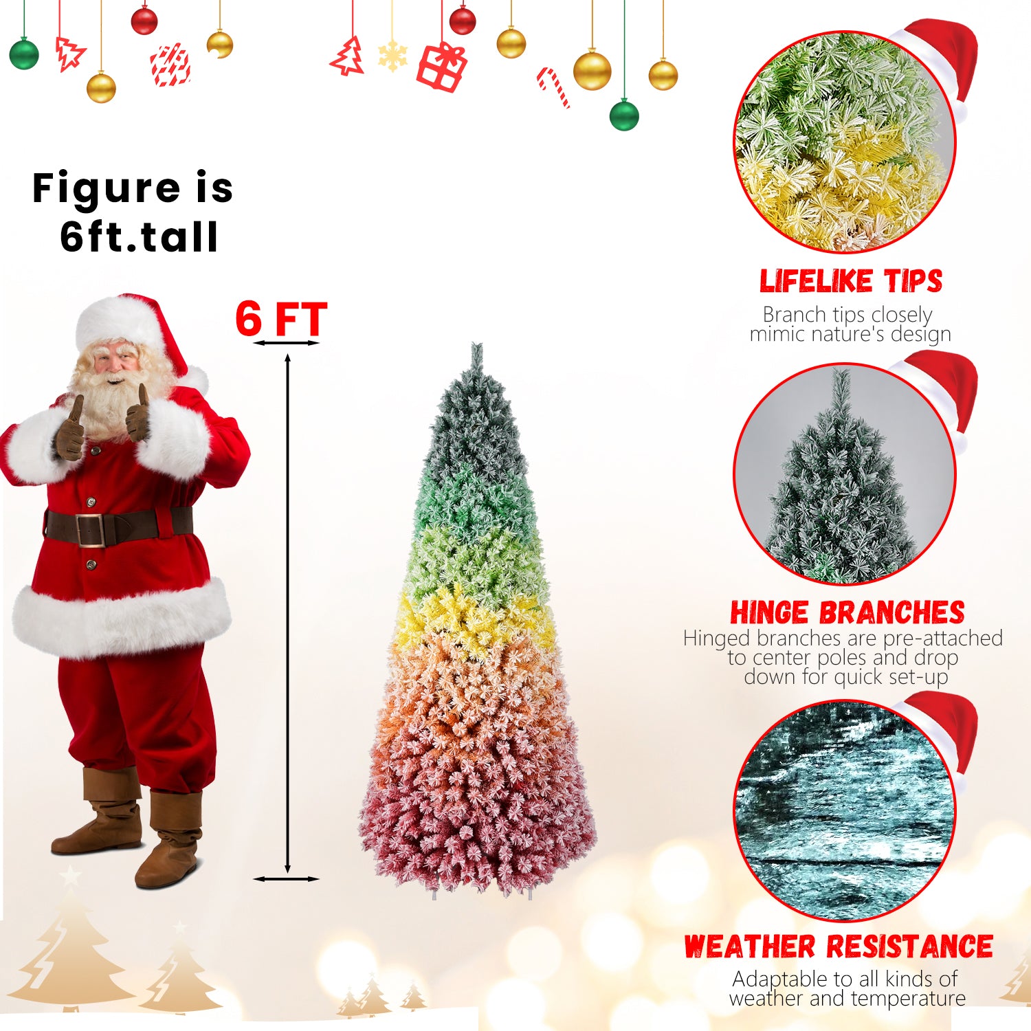 6ft Rainbow Gradient Flocked PVC Christmas Tree | 1326 Full Tips, Snowy Finish | Hinged Artificial Pine with Sturdy Metal Stand | Vibrant Indoor Holiday Decoration