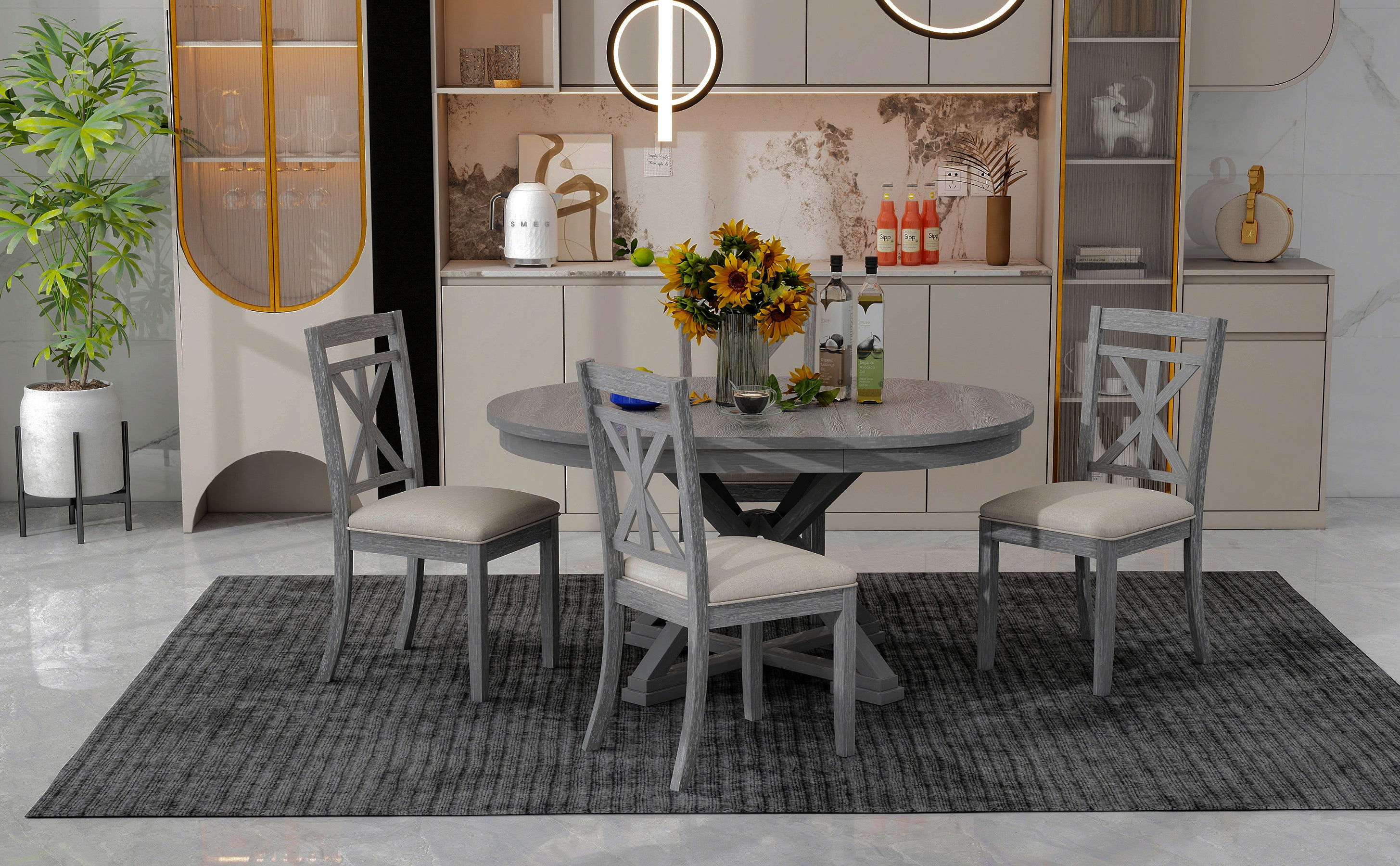 TREXM 5-Piece Extendable Round Dining Table Set for 4 - Vintage Grey Rubberwood & Linen Upholstered Chairs - 42"-54" Oval/Round Table for Kitchen, Dining Room, Living Room