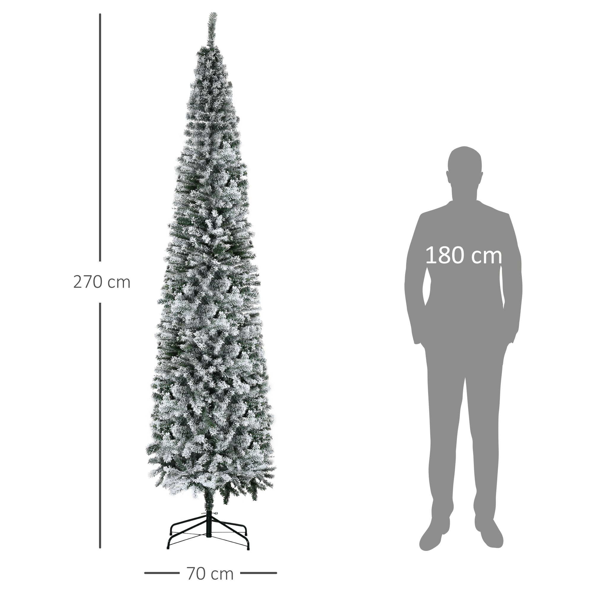 HOMCOM 9' Unlit Snow-Flocked Slim Artificial Christmas Tree, Realistic PVC Branches, 1014 Tips, Green, Sturdy Metal Base for Home & Office Holiday Decor