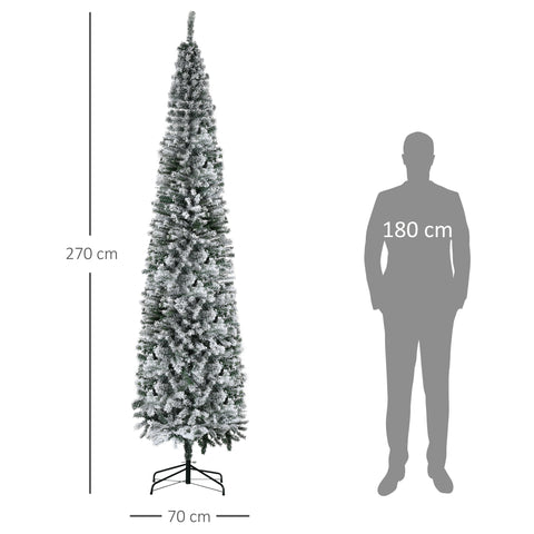 HOMCOM 9' Unlit Snow-Flocked Slim Artificial Christmas Tree, Realistic PVC Branches, 1014 Tips, Green, Sturdy Metal Base for Home & Office Holiday Decor