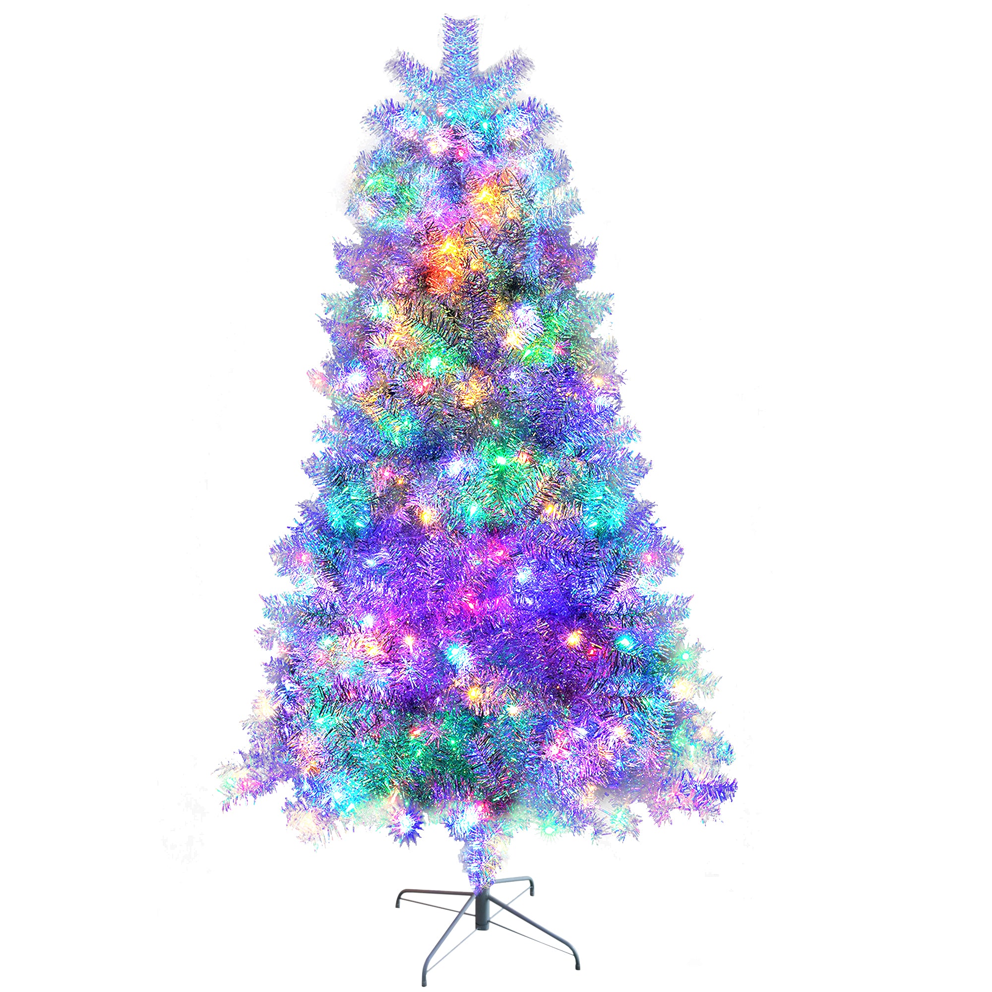 7.4FT Silver Hinged Artificial Christmas Tree with 400 LED Lights, 1200 Full Branch Tips, 11 Modes, Durable PVC, Metal Stand for Indoor/Outdoor Holiday Decor