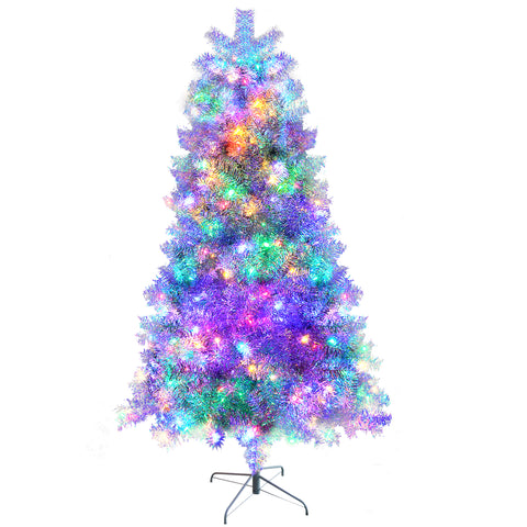 7.4FT Silver Hinged Artificial Christmas Tree with 400 LED Lights, 1200 Full Branch Tips, 11 Modes, Durable PVC, Metal Stand for Indoor/Outdoor Holiday Decor