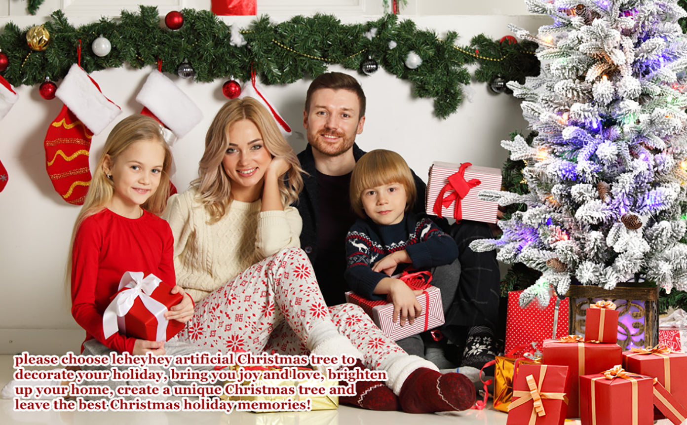 4FT Flocked Christmas Tree with Multicolour LED Lights, 396 Tips, Glitter Base &amp; Pine Cones - Easy Assembly Home &amp; Party Holiday Decor, White/Green PVC &amp; PE Tree