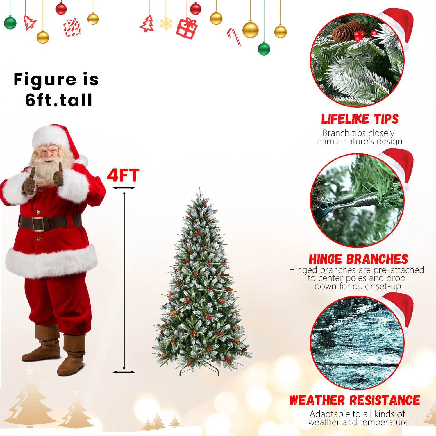 4FT Snow-Dusted Christmas Tree: 747 Tips, Red Berries &amp; Pine Cones | Hinged PE/PVC Branches, Full Natural Holiday Decor for Indoor Home &amp; Office